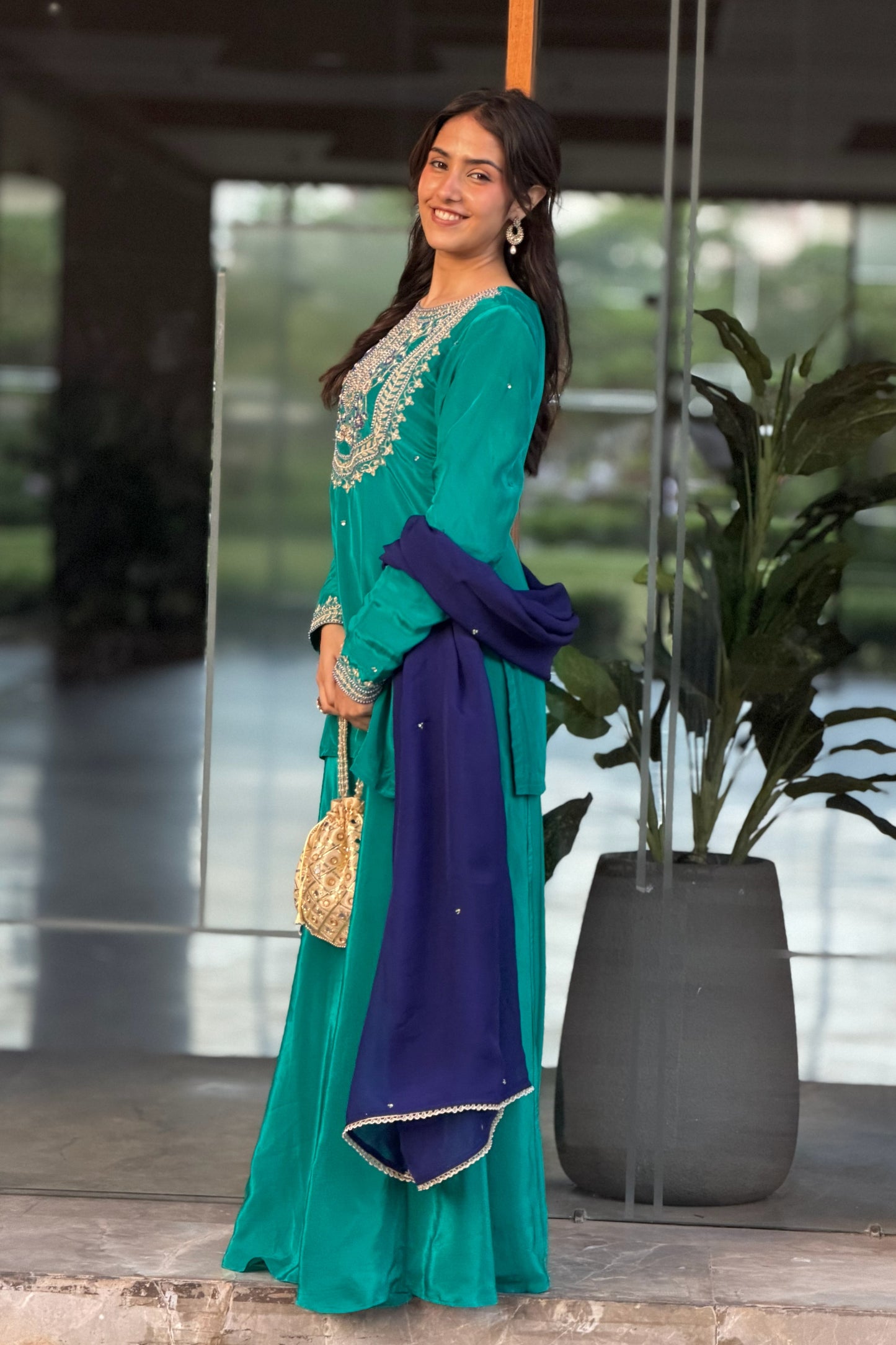 Embroidered Kurti & Palazzo Set — Natural Crepe Three-Piece Suit with Contrast Organza Dupatta in Teal Green-Aari
