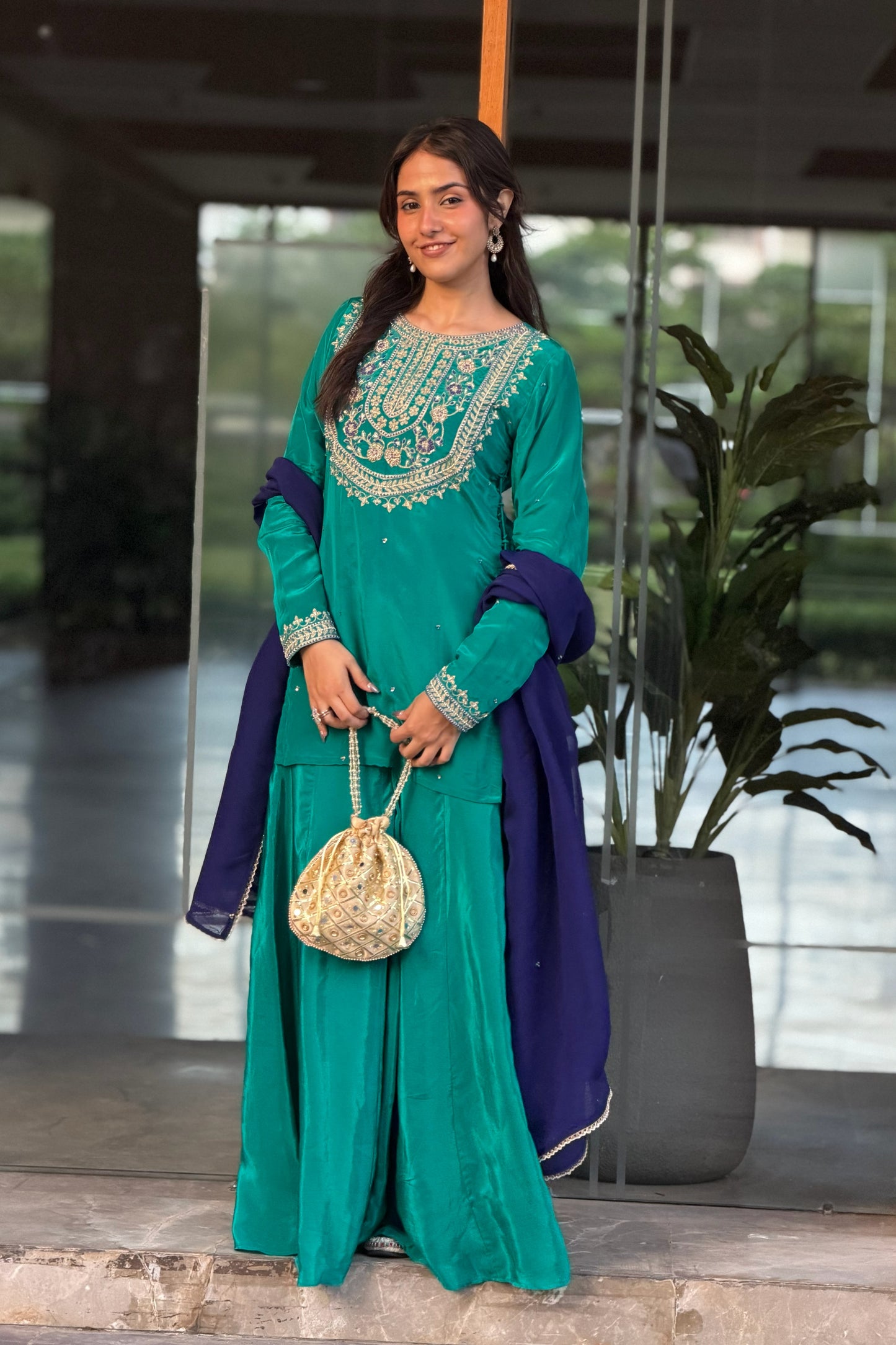 Embroidered Kurti & Palazzo Set — Natural Crepe Three-Piece Suit with Contrast Organza Dupatta in Teal Green-Aari