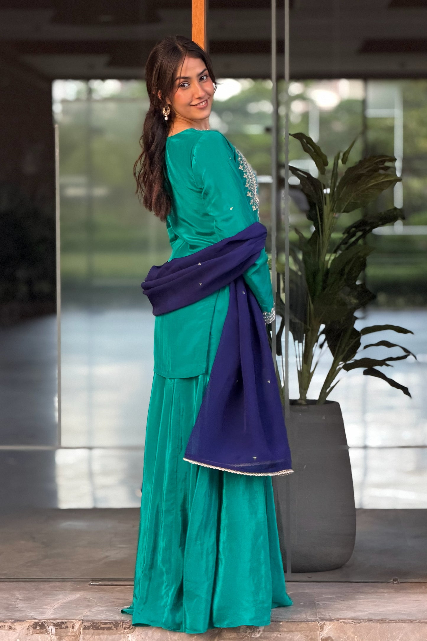 Embroidered Kurti & Palazzo Set — Natural Crepe Three-Piece Suit with Contrast Organza Dupatta in Teal Green-Aari