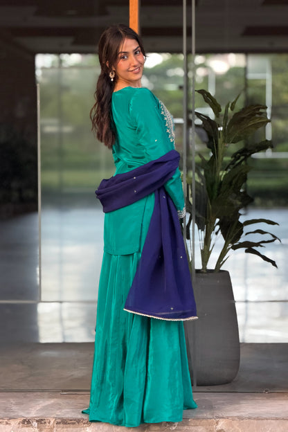 Embroidered Kurti & Palazzo Set — Natural Crepe Three-Piece Suit with Contrast Organza Dupatta in Teal Green-Aari