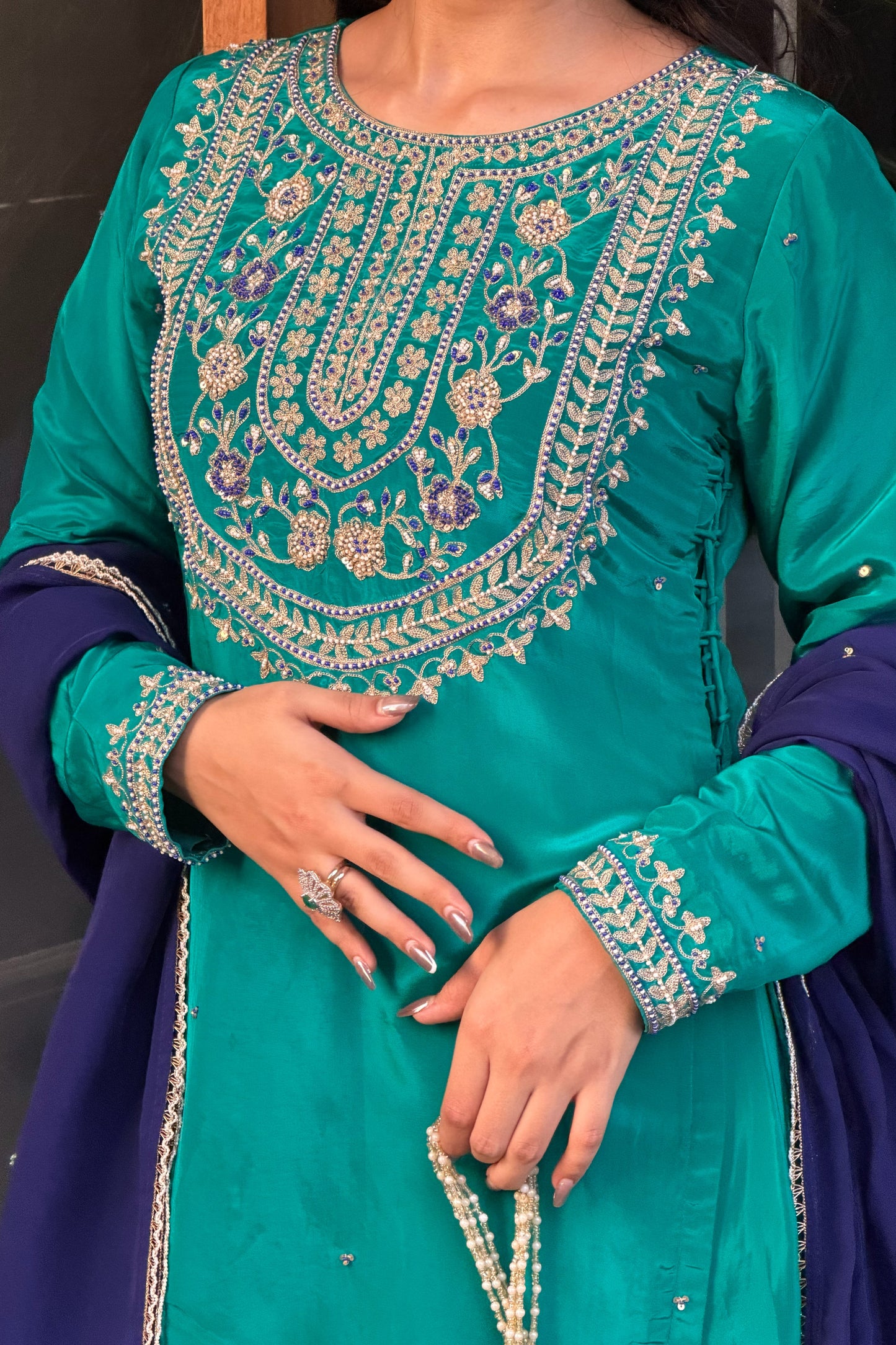 Embroidered Kurti & Palazzo Set — Natural Crepe Three-Piece Suit with Contrast Organza Dupatta in Teal Green-Aari