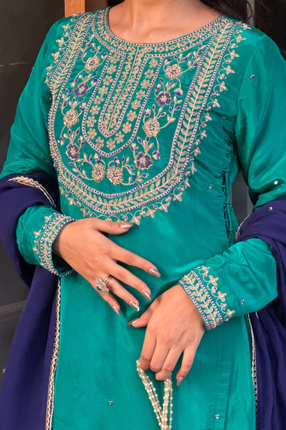 Embroidered Kurti & Palazzo Set — Natural Crepe Three-Piece Suit with Contrast Organza Dupatta in Teal Green-Aari