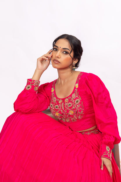 Sitarah Rani Pink Crepe Pleated Lehenga Set — Zardozi Yoke with Bishop-Sleeve Blouse