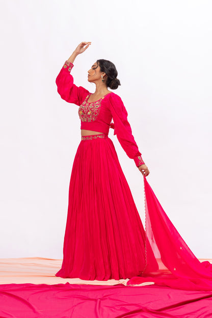 Sitarah Rani Pink Crepe Pleated Lehenga Set — Zardozi Yoke with Bishop-Sleeve Blouse