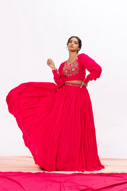 Sitarah Rani Pink Crepe Pleated Lehenga Set — Zardozi Yoke with Bishop-Sleeve Blouse