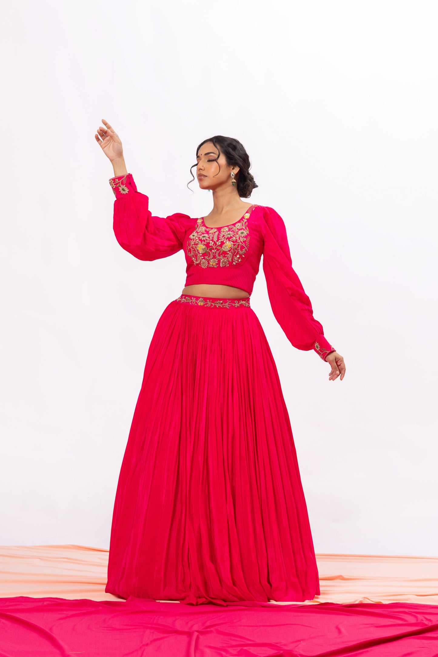 Sitarah Rani Pink Crepe Pleated Lehenga Set — Zardozi Yoke with Bishop-Sleeve Blouse