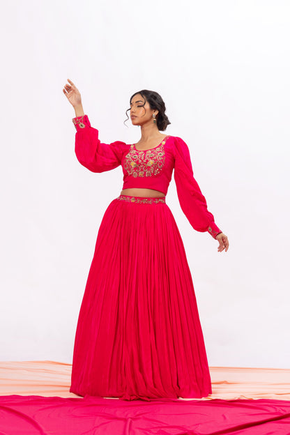 Sitarah Rani Pink Crepe Pleated Lehenga Set — Zardozi Yoke with Bishop-Sleeve Blouse