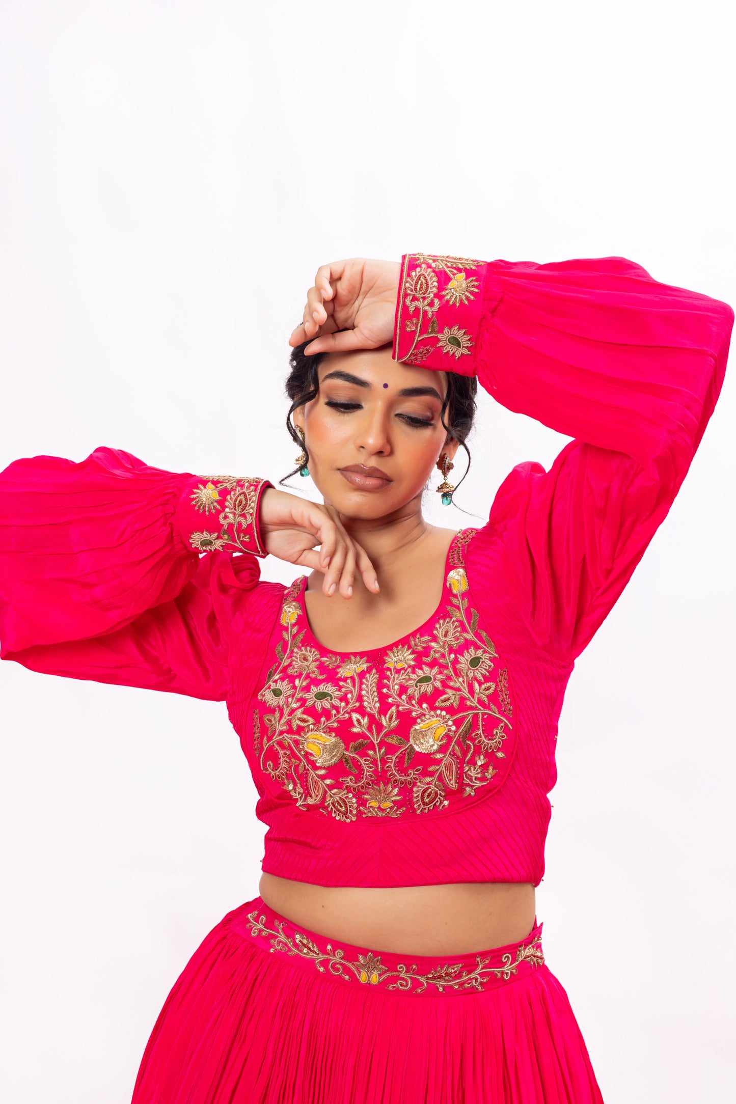 Sitarah Rani Pink Crepe Pleated Lehenga Set — Zardozi Yoke with Bishop-Sleeve Blouse