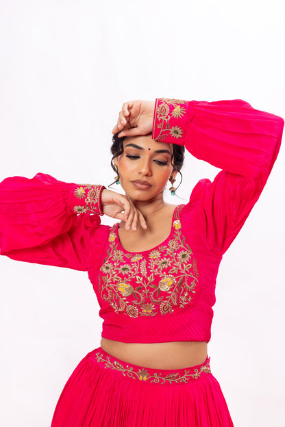 Sitarah Rani Pink Crepe Pleated Lehenga Set — Zardozi Yoke with Bishop-Sleeve Blouse