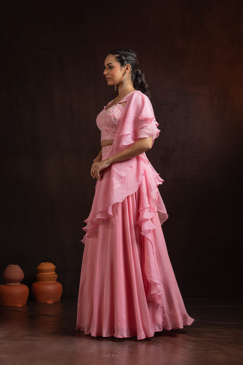Baby Pink Natural Crepe Corset Lehenga Set with Cascading Ruffle Drape – Neerah Collection