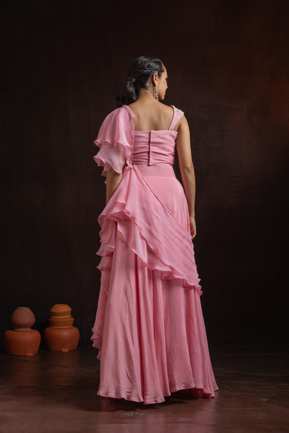 Baby Pink Natural Crepe Corset Lehenga Set with Cascading Ruffle Drape – Neerah Collection