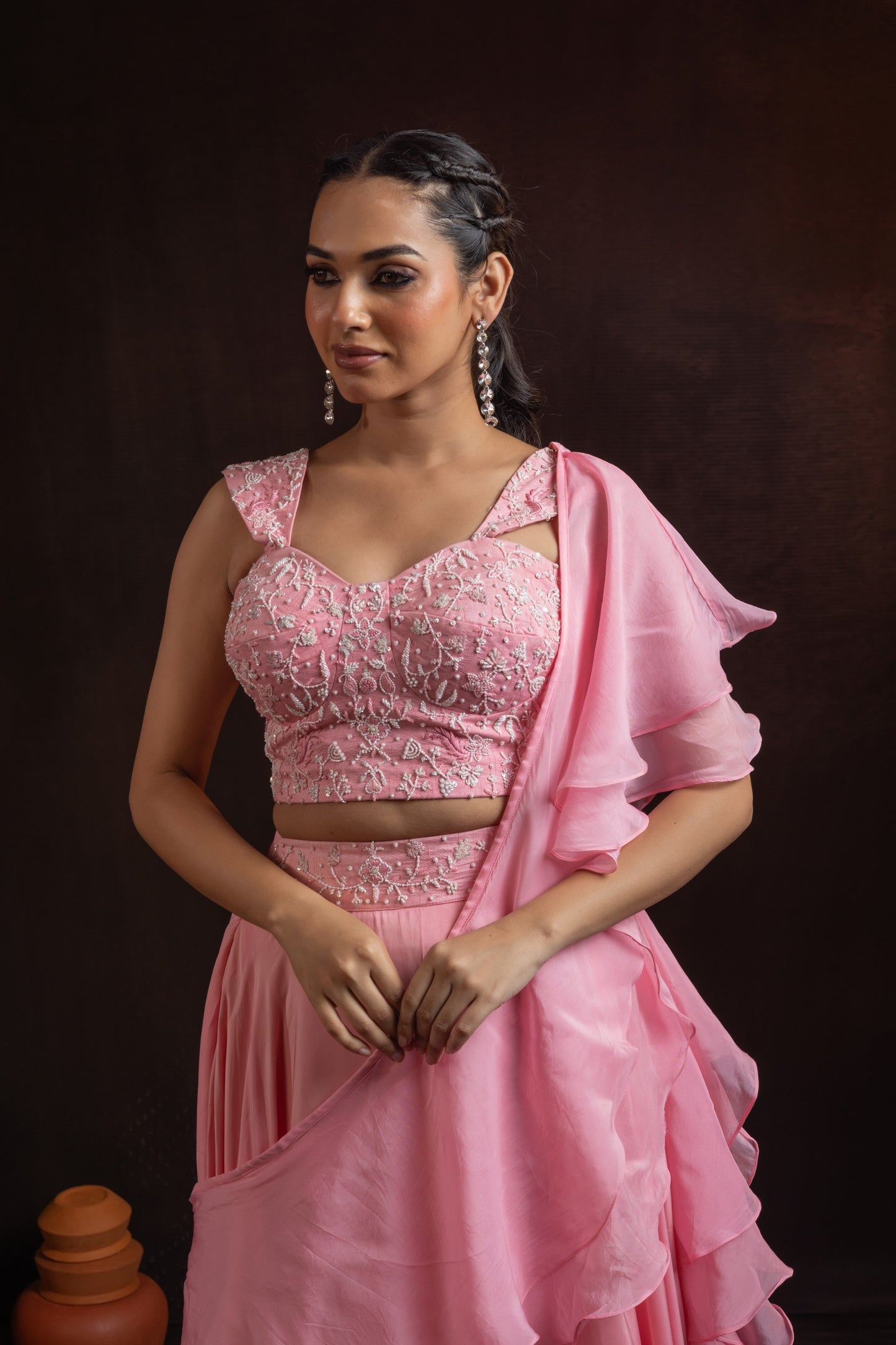 Baby Pink Natural Crepe Corset Lehenga Set with Cascading Ruffle Drape – Neerah Collection