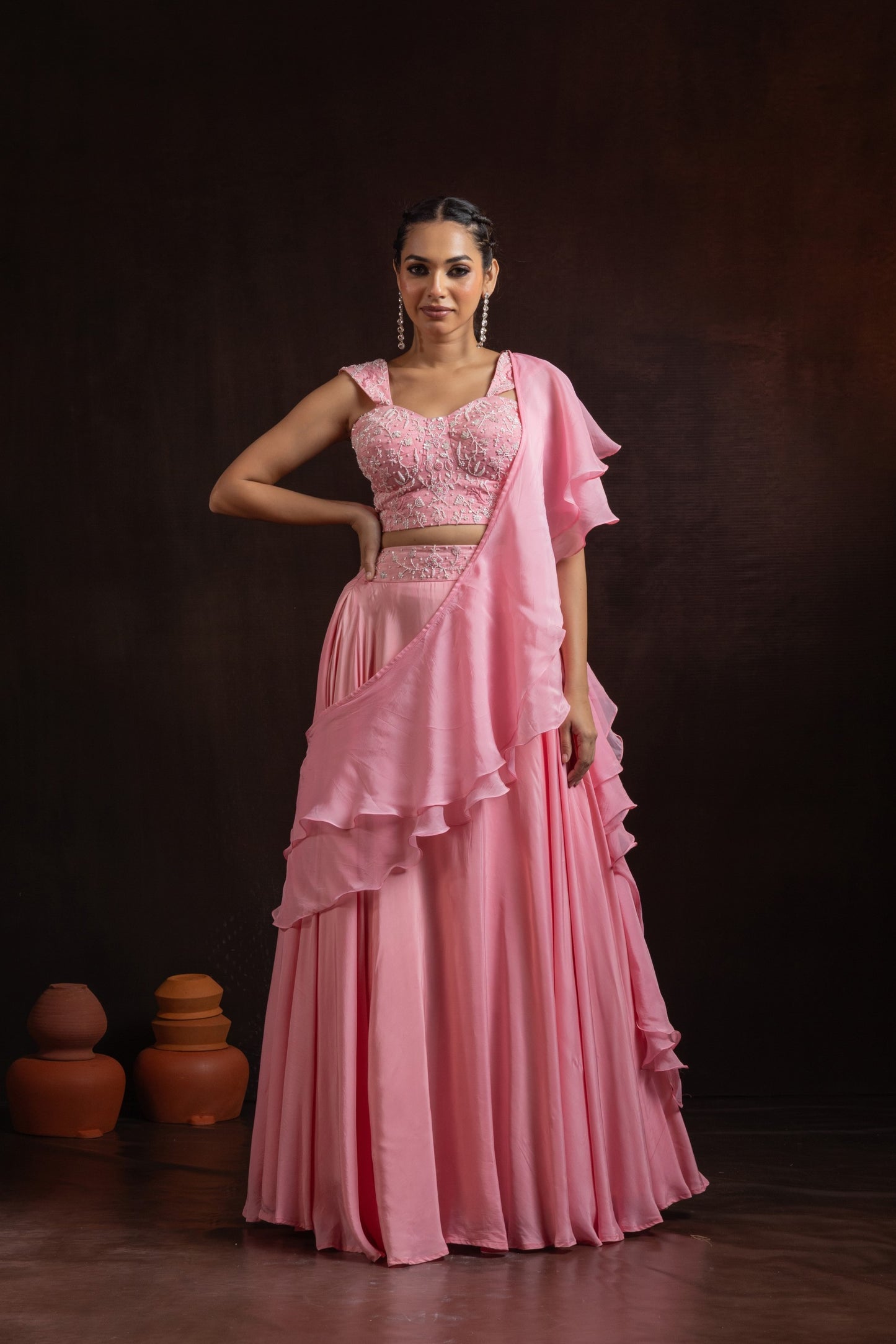 Baby Pink Natural Crepe Corset Lehenga Set with Cascading Ruffle Drape – Neerah Collection