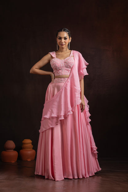 Baby Pink Natural Crepe Corset Lehenga Set with Cascading Ruffle Drape – Neerah Collection