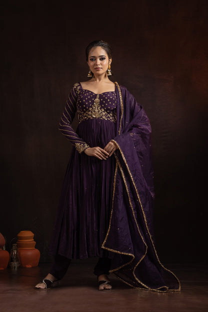 Wine Natural Crepe Zardozi Pitta Embroidered Pleated Anarkali Set with Organza Dupatta