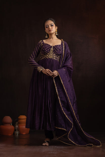 Wine Natural Crepe Zardozi Pitta Embroidered Pleated Anarkali Set with Organza Dupatta