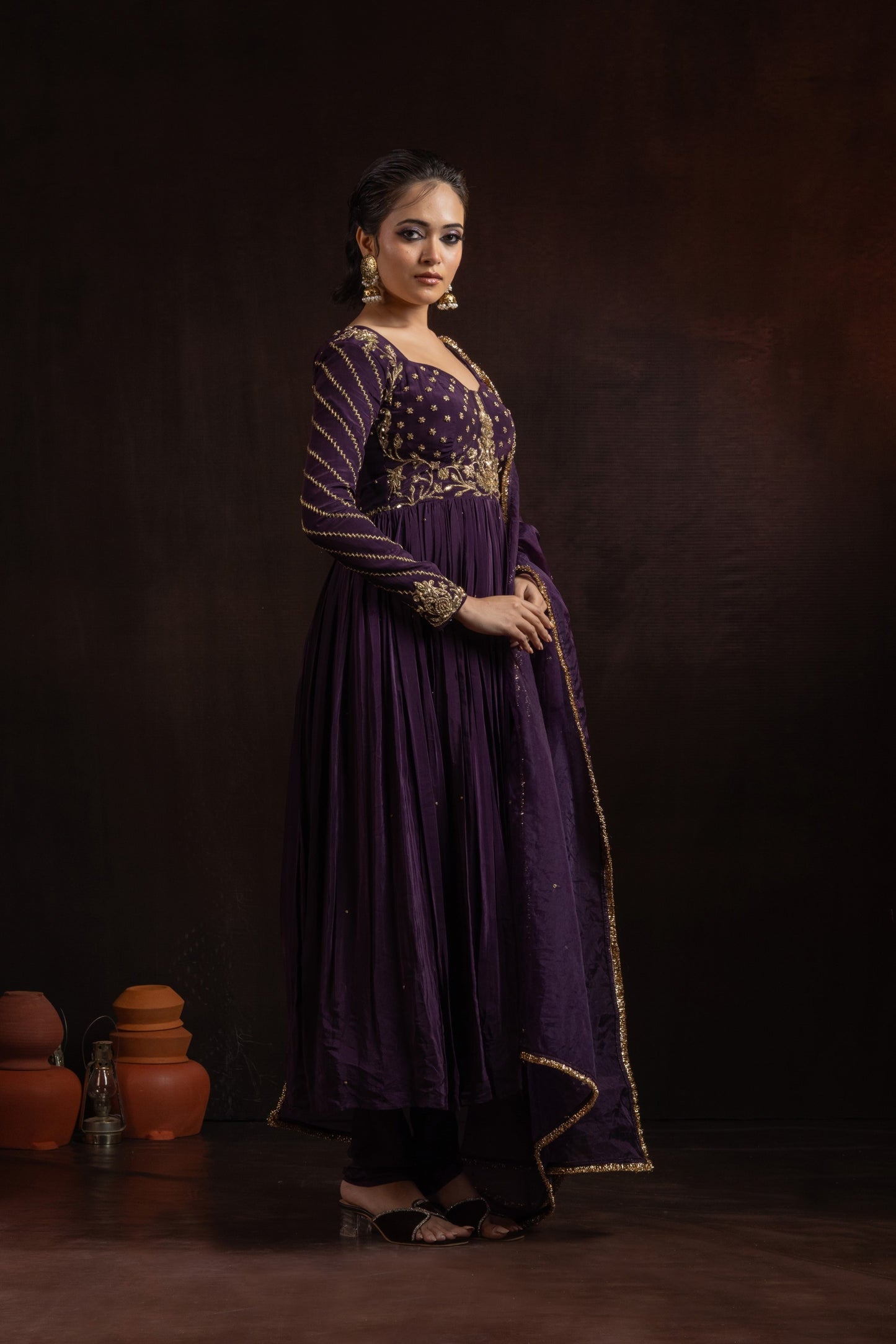 Wine Natural Crepe Zardozi Pitta Embroidered Pleated Anarkali Set with Organza Dupatta
