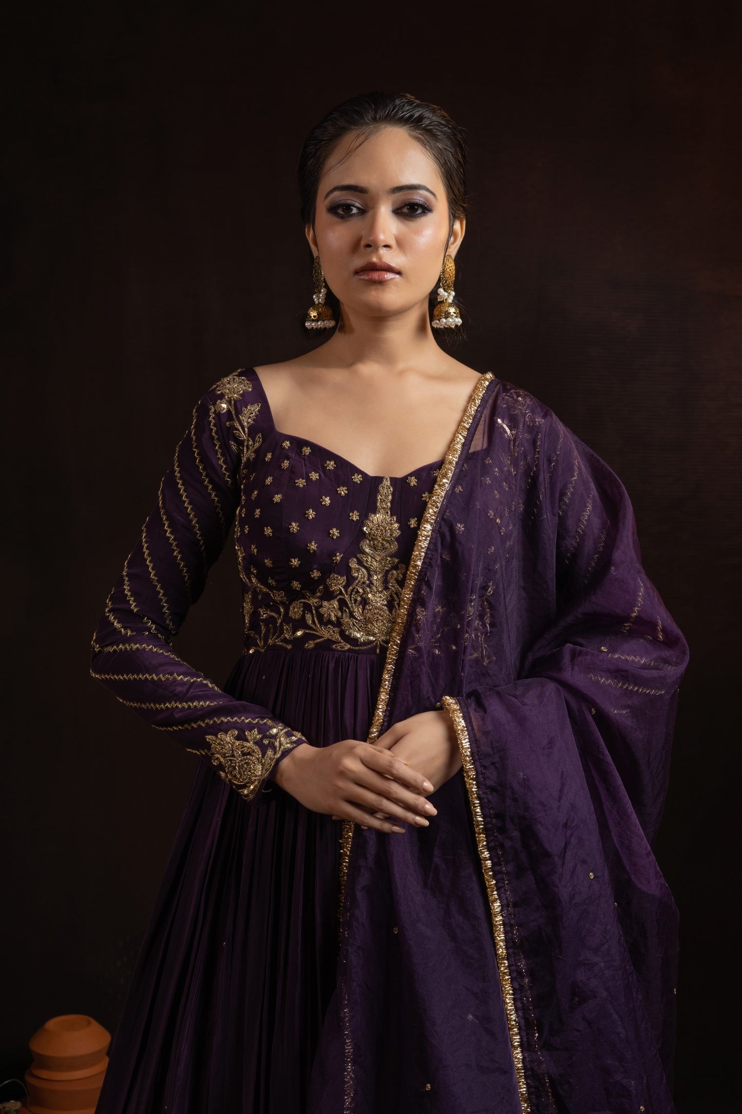 Wine Natural Crepe Zardozi Pitta Embroidered Pleated Anarkali Set with Organza Dupatta