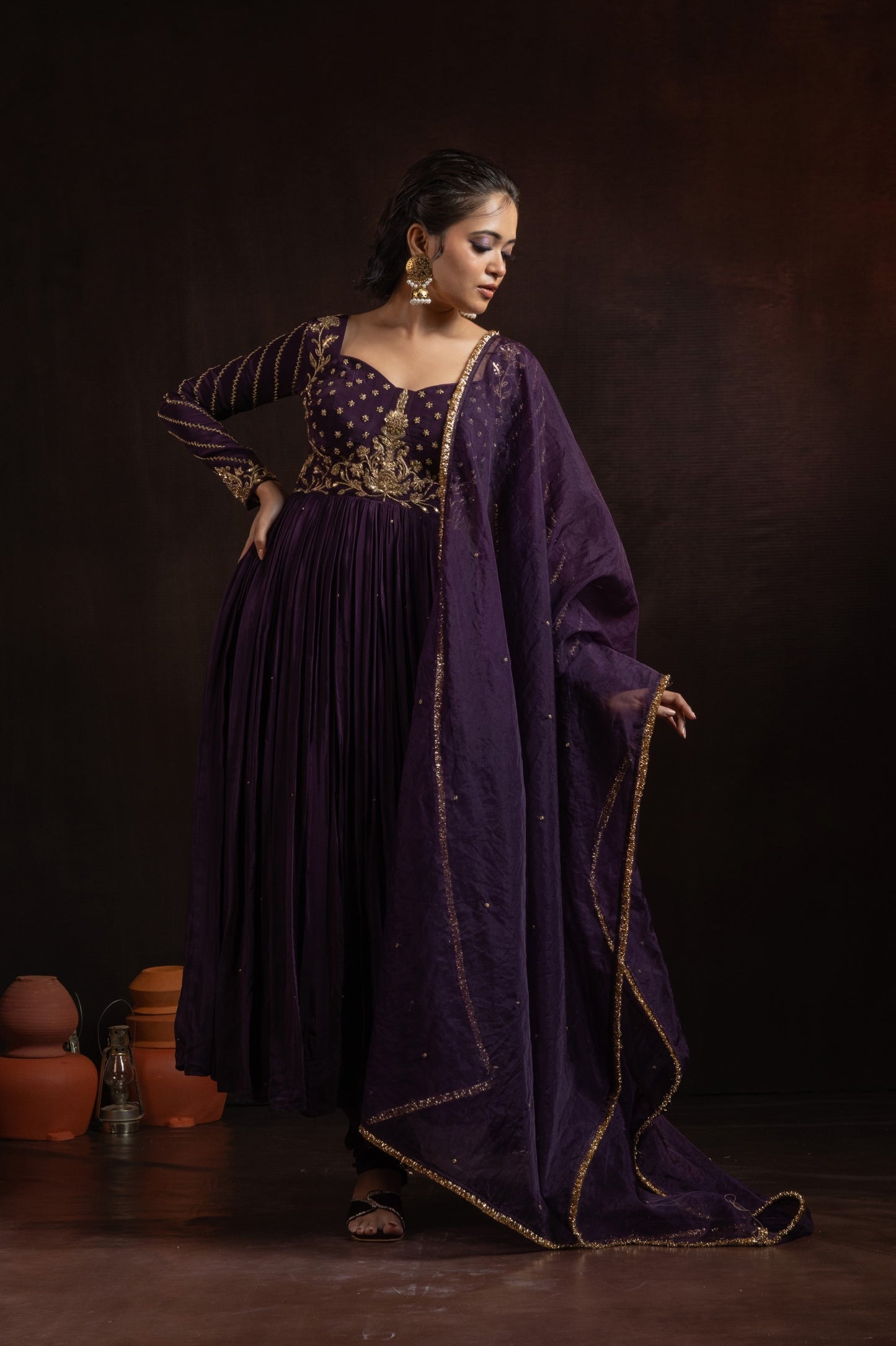 Wine Natural Crepe Zardozi Pitta Embroidered Pleated Anarkali Set with Organza Dupatta