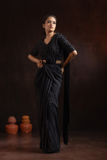 Jet Black Natural Crepe Pre-Draped Saree with Heavy Hand-Embroidered Blouse