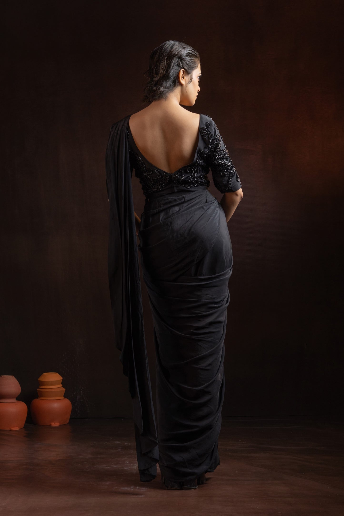 Jet Black Natural Crepe Pre-Draped Saree with Heavy Hand-Embroidered Blouse