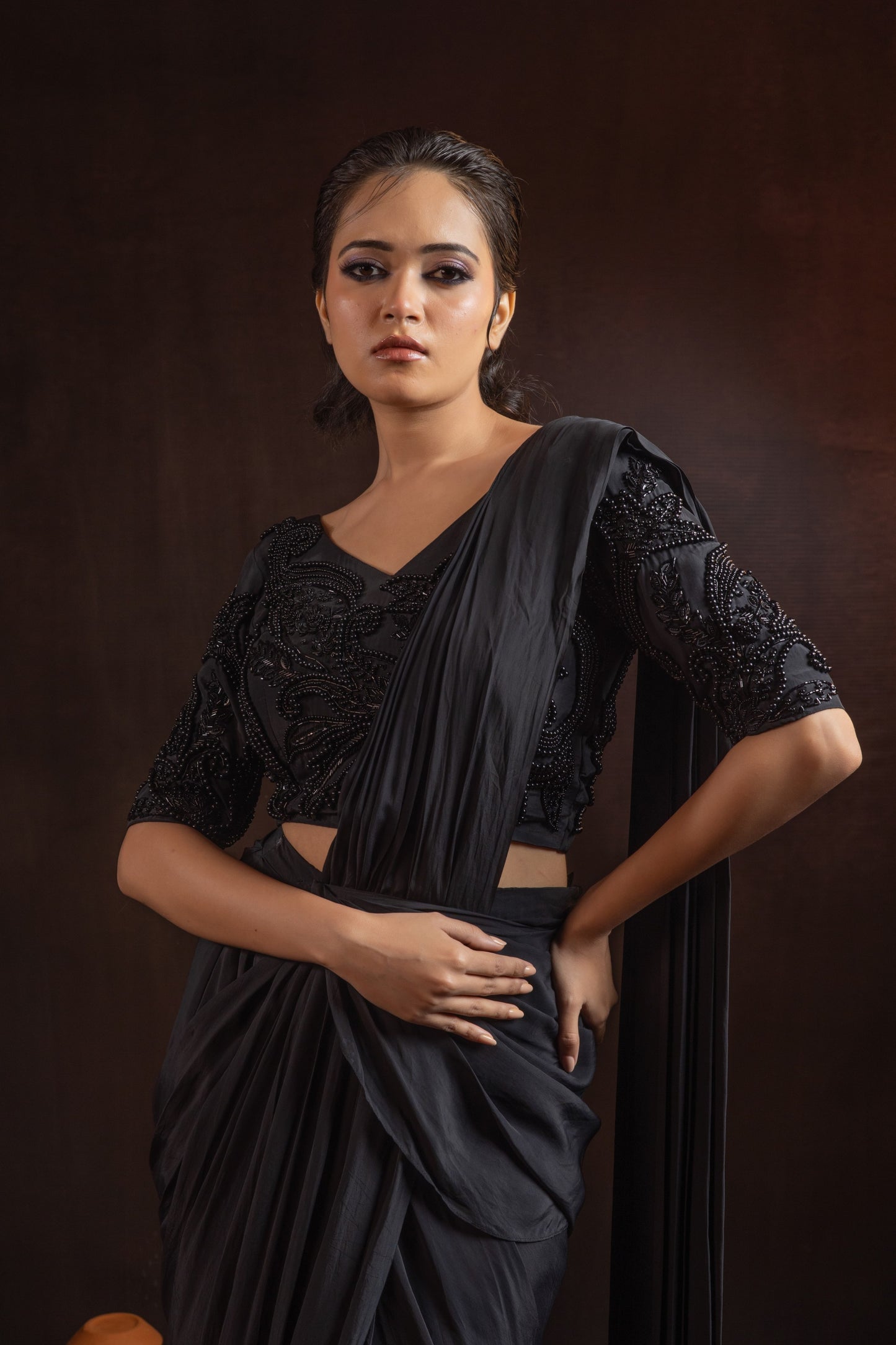 Jet Black Natural Crepe Pre-Draped Saree with Heavy Hand-Embroidered Blouse