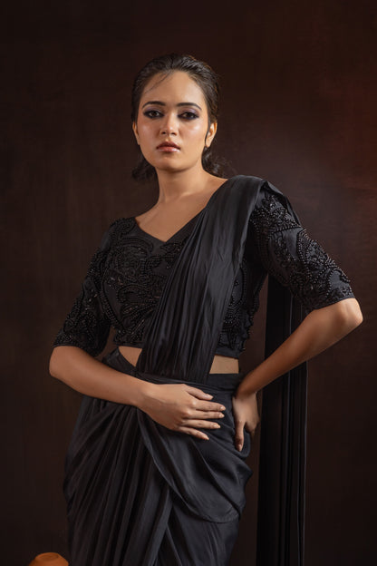 Jet Black Natural Crepe Pre-Draped Saree with Heavy Hand-Embroidered Blouse