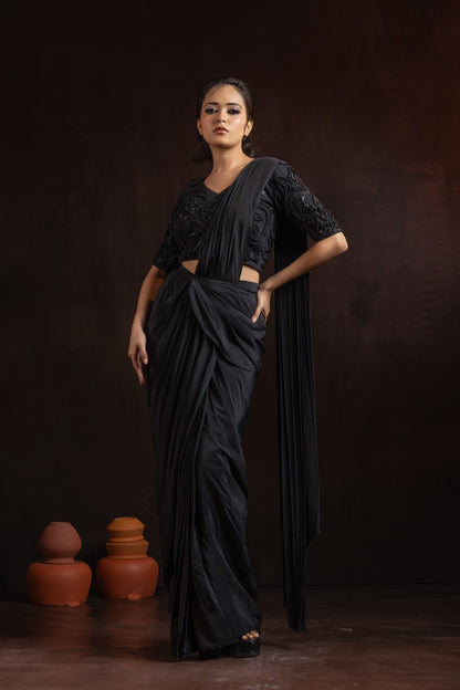 Jet Black Natural Crepe Pre-Draped Saree with Heavy Hand-Embroidered Blouse