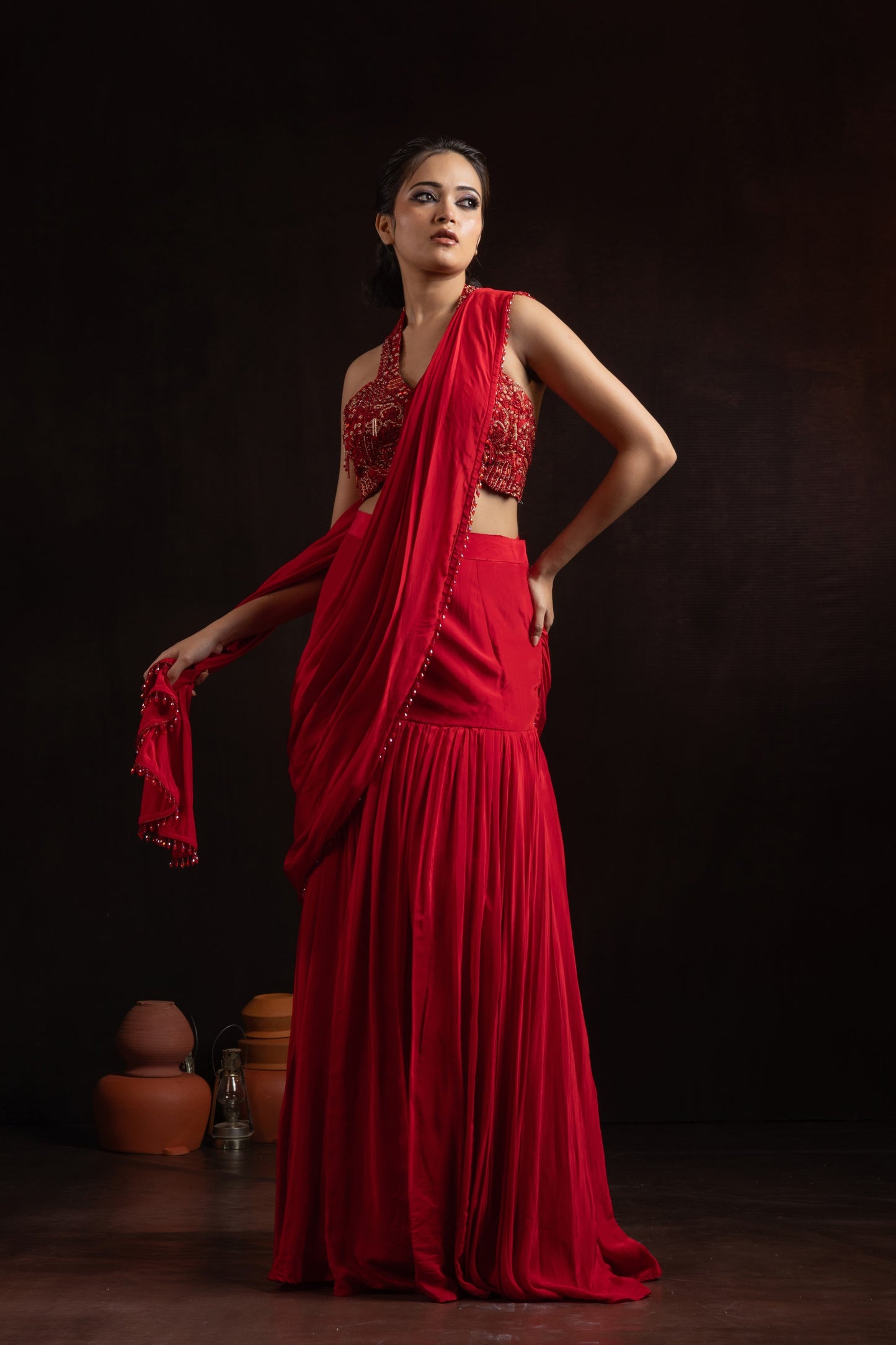 Ruby Red Natural Crepe Pre-Draped Pleated Skirt Set with Embroidered Halter Blouse