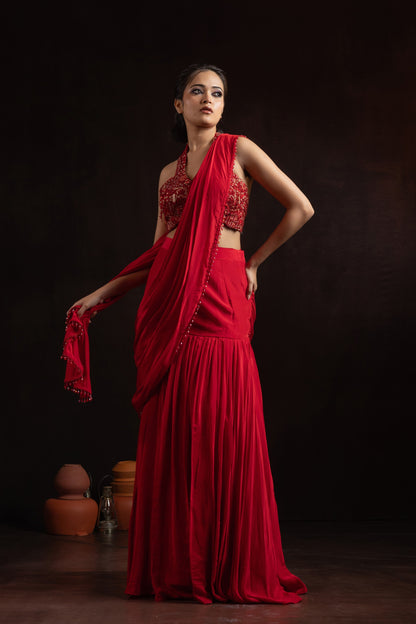 Ruby Red Natural Crepe Pre-Draped Pleated Skirt Set with Embroidered Halter Blouse