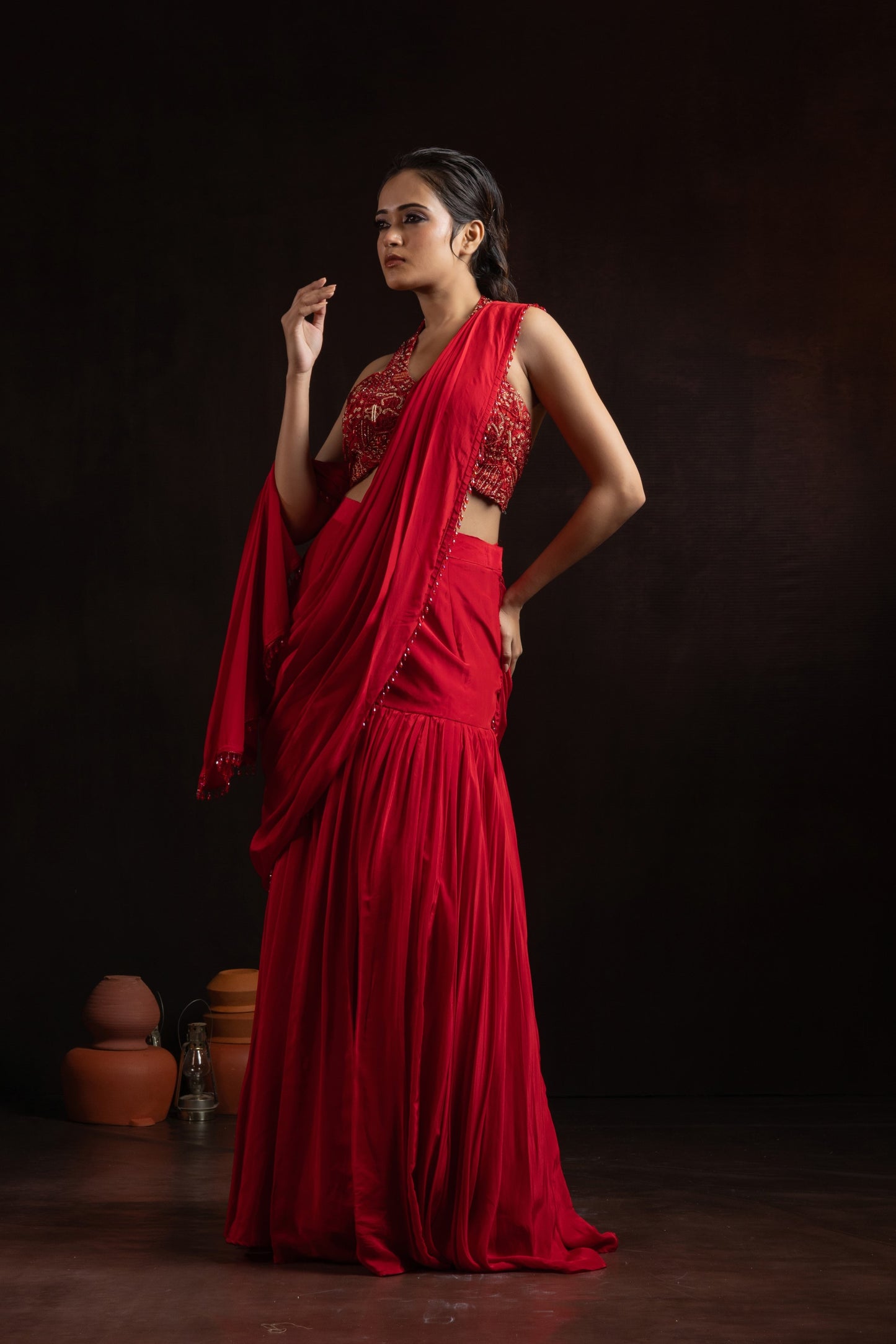 Ruby Red Natural Crepe Pre-Draped Pleated Skirt Set with Embroidered Halter Blouse