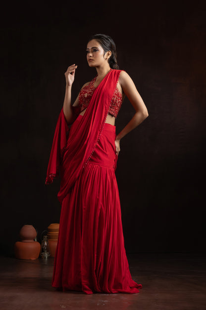 Ruby Red Natural Crepe Pre-Draped Pleated Skirt Set with Embroidered Halter Blouse