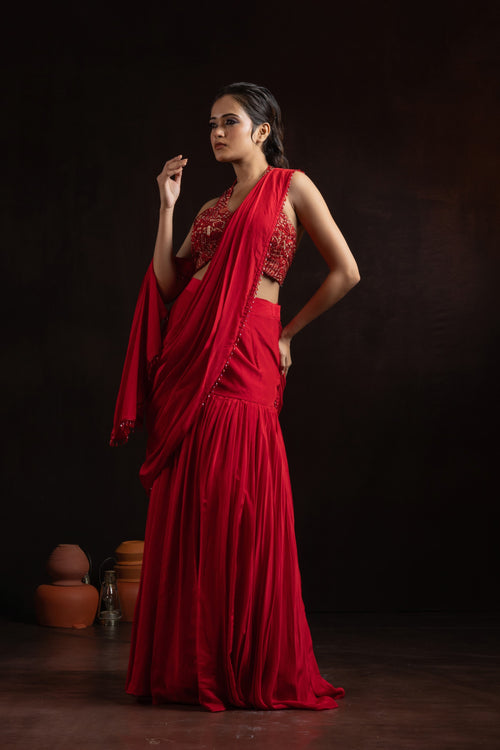 Ruby Red Natural Crepe Pre-Draped Pleated Skirt Set with Embroidered Halter Blouse