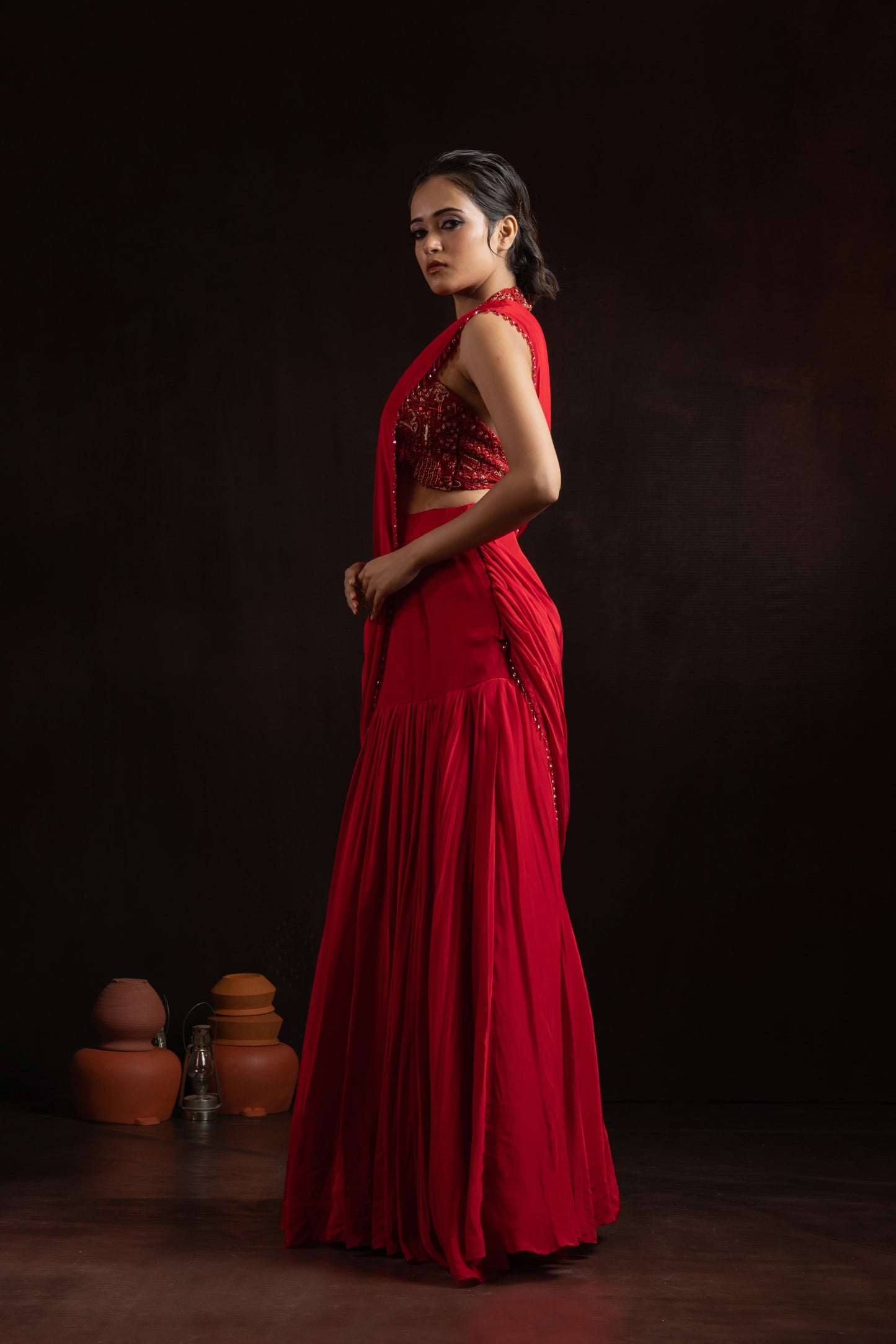Ruby Red Natural Crepe Pre-Draped Pleated Skirt Set with Embroidered Halter Blouse