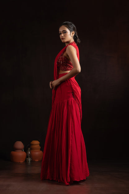Ruby Red Natural Crepe Pre-Draped Pleated Skirt Set with Embroidered Halter Blouse