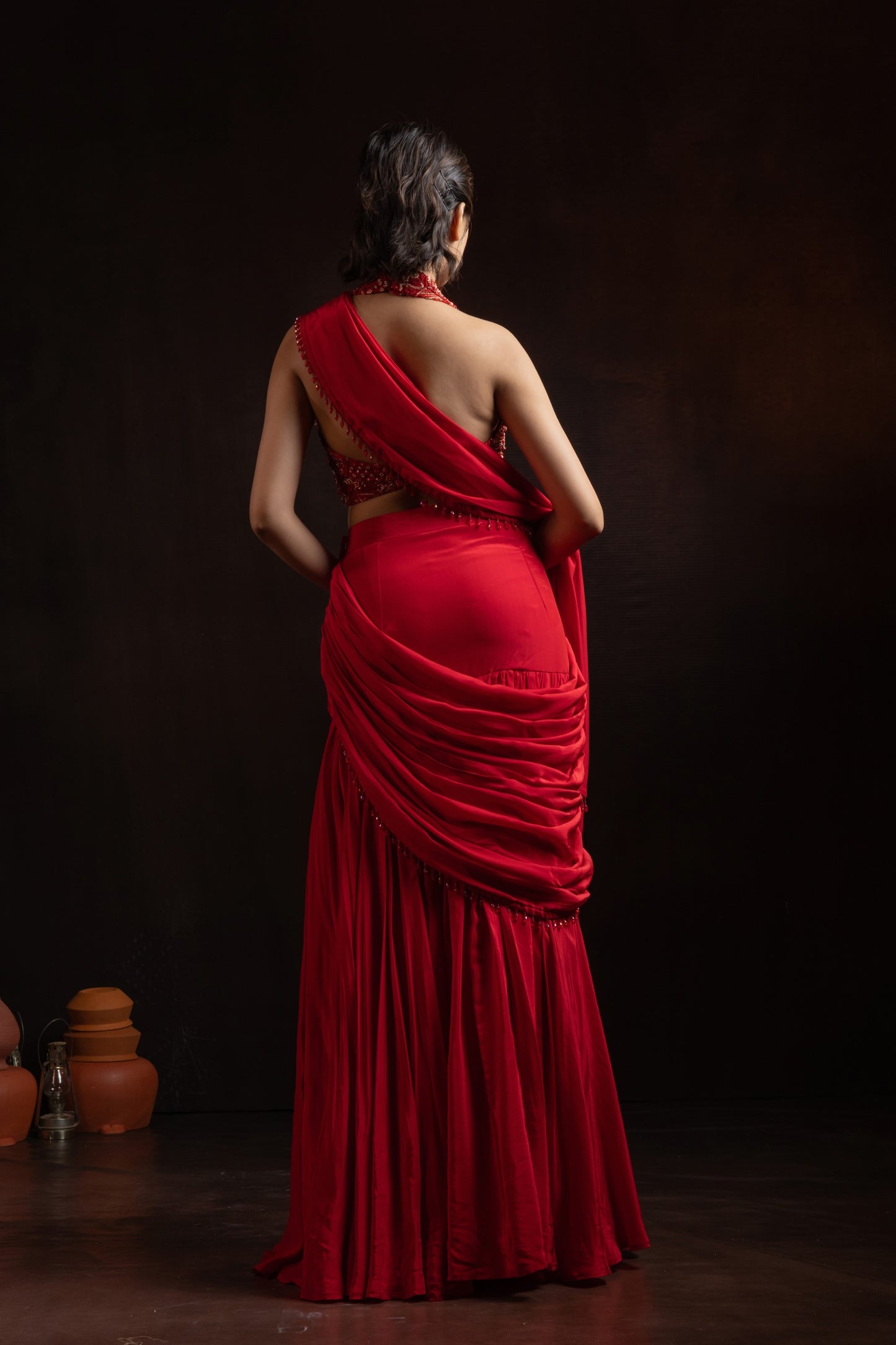 Ruby Red Natural Crepe Pre-Draped Pleated Skirt Set with Embroidered Halter Blouse