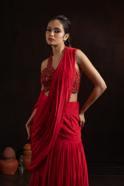 Ruby Red Natural Crepe Pre-Draped Pleated Skirt Set with Embroidered Halter Blouse