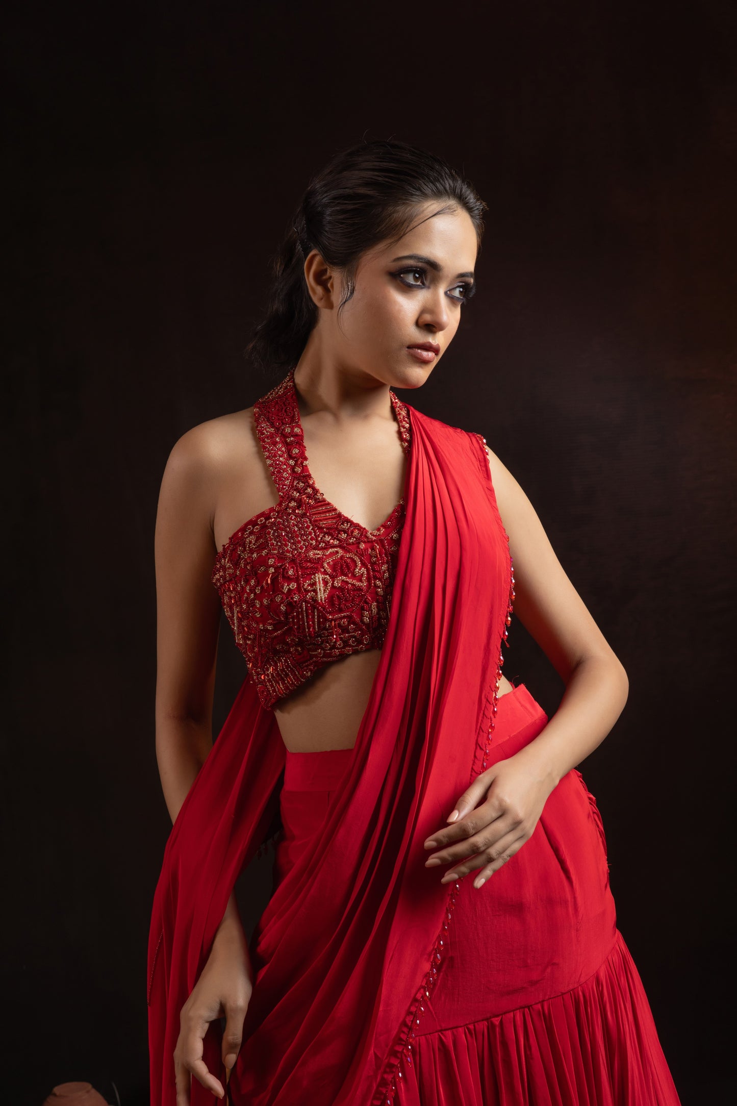 Ruby Red Natural Crepe Pre-Draped Pleated Skirt Set with Embroidered Halter Blouse