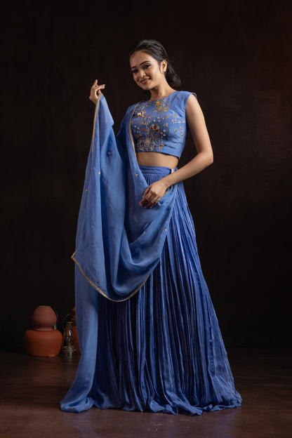 Cornflower Blue Crepe Pleated Lehenga Set — Hand-Embroidered Blouse with Organza Dupatta