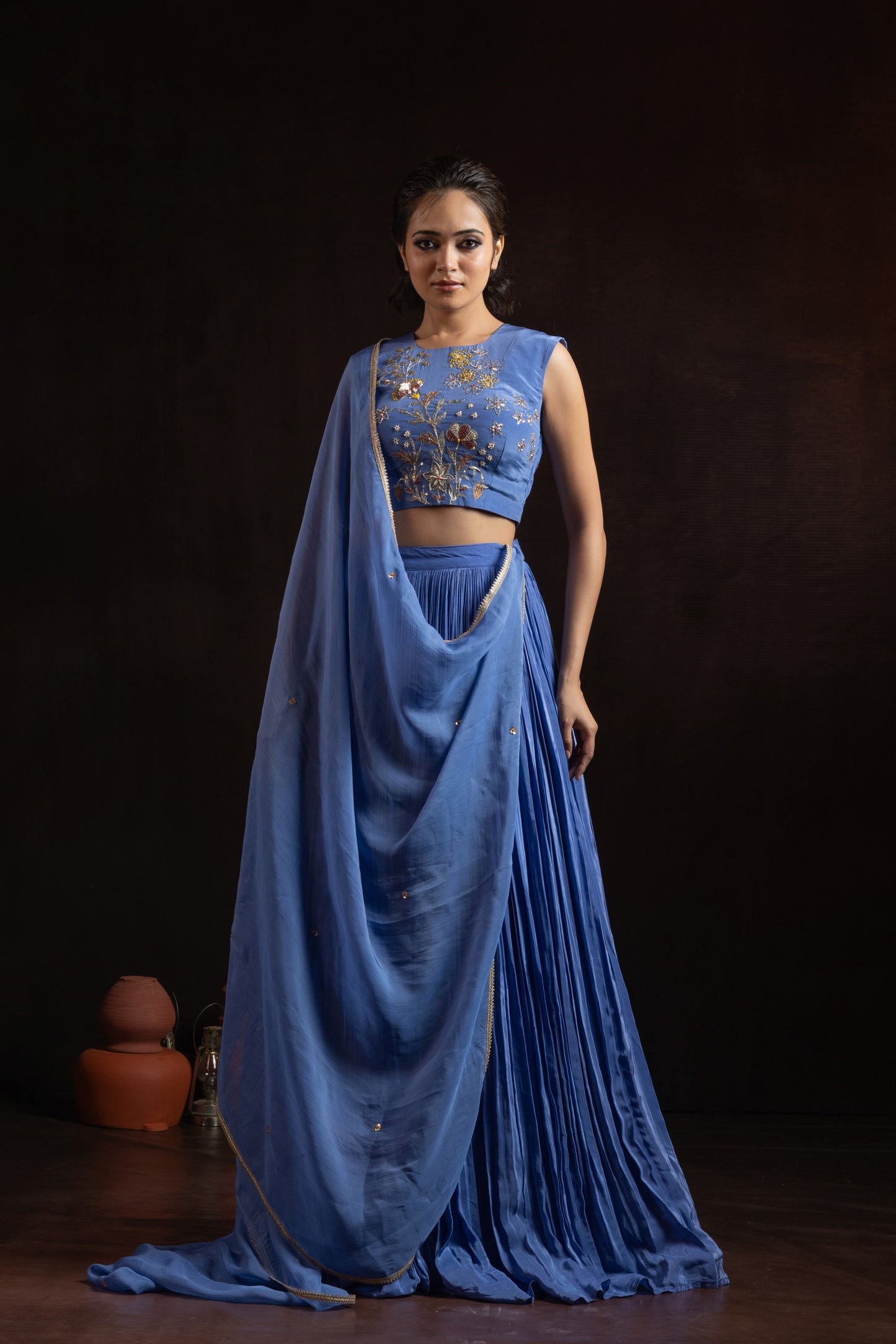 Cornflower Blue Crepe Pleated Lehenga Set — Hand-Embroidered Blouse with Organza Dupatta