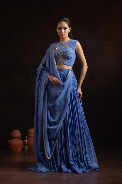 Cornflower Blue Crepe Pleated Lehenga Set — Hand-Embroidered Blouse with Organza Dupatta