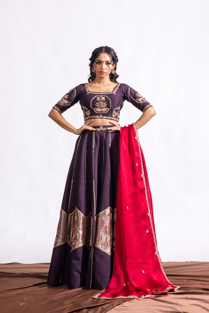 Sitarah Aubergine Bemberg Raw Silk Kalidar Lehenga Set — Zardozi Hand-Appliqué with Crimson Satin Organza Dupatta