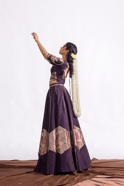 Sitarah Aubergine Bemberg Raw Silk Kalidar Lehenga Set — Zardozi Hand-Appliqué with Crimson Satin Organza Dupatta