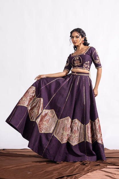 Sitarah Aubergine Bemberg Raw Silk Kalidar Lehenga Set — Zardozi Hand-Appliqué with Crimson Satin Organza Dupatta