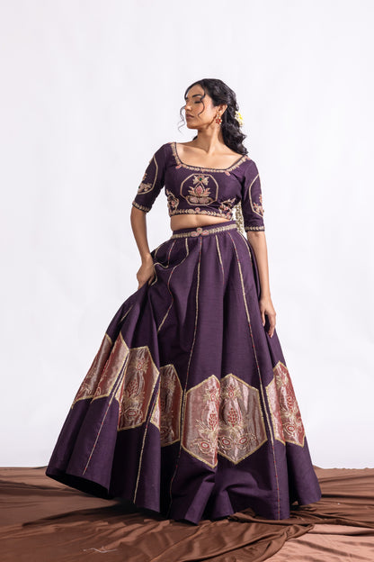Sitarah Aubergine Bemberg Raw Silk Kalidar Lehenga Set — Zardozi Hand-Appliqué with Crimson Satin Organza Dupatta