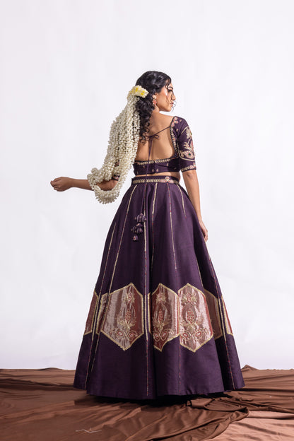 Sitarah Aubergine Bemberg Raw Silk Kalidar Lehenga Set — Zardozi Hand-Appliqué with Crimson Satin Organza Dupatta
