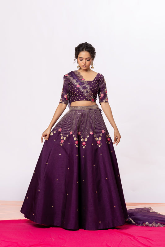 Sitarah Deep Purple Bemberg Raw Silk Lehenga Set — Hand Aari & Sequin Work with Organza Scallop Dupatta