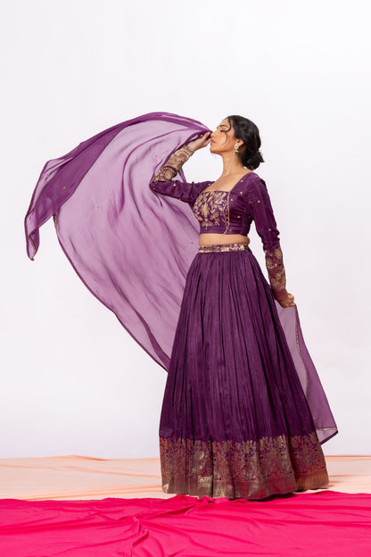 Sitarah Grape Purple Banarasi Panel Lehenga Set with Organza Dupatta