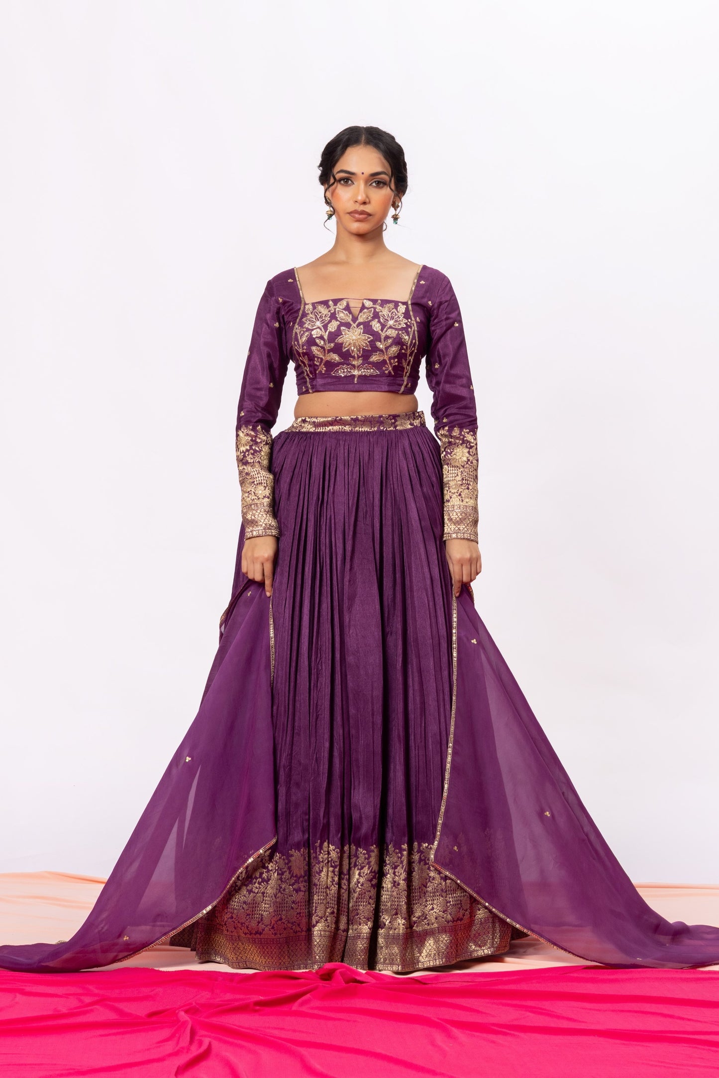 Sitarah Grape Purple Banarasi Panel Lehenga Set with Organza Dupatta