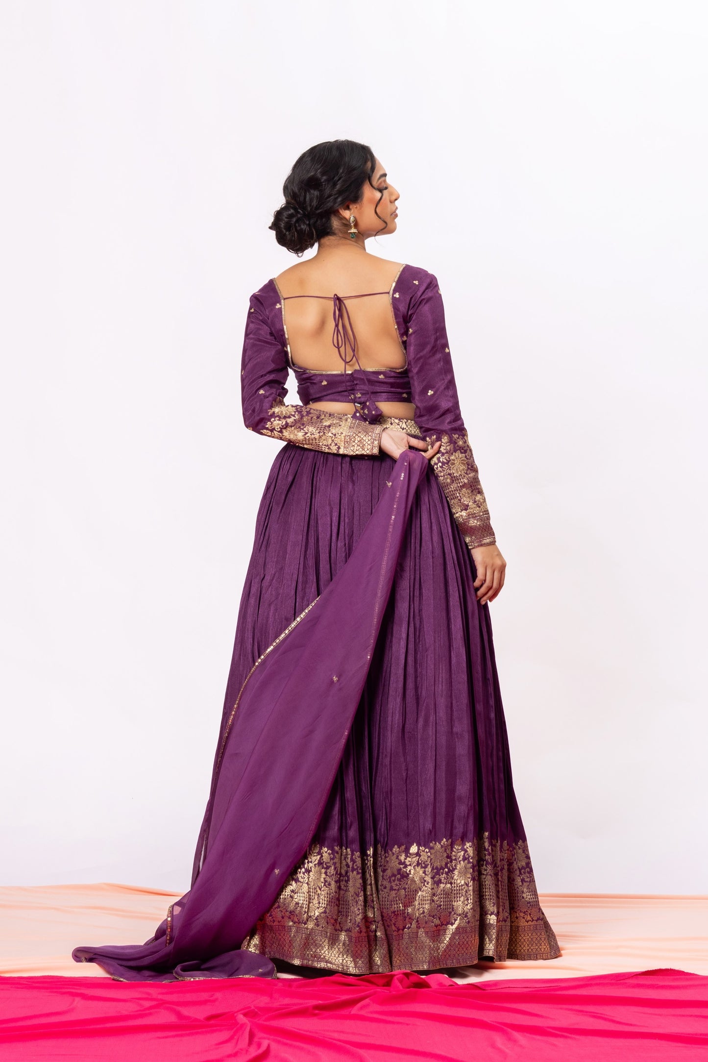 Sitarah Grape Purple Banarasi Panel Lehenga Set with Organza Dupatta